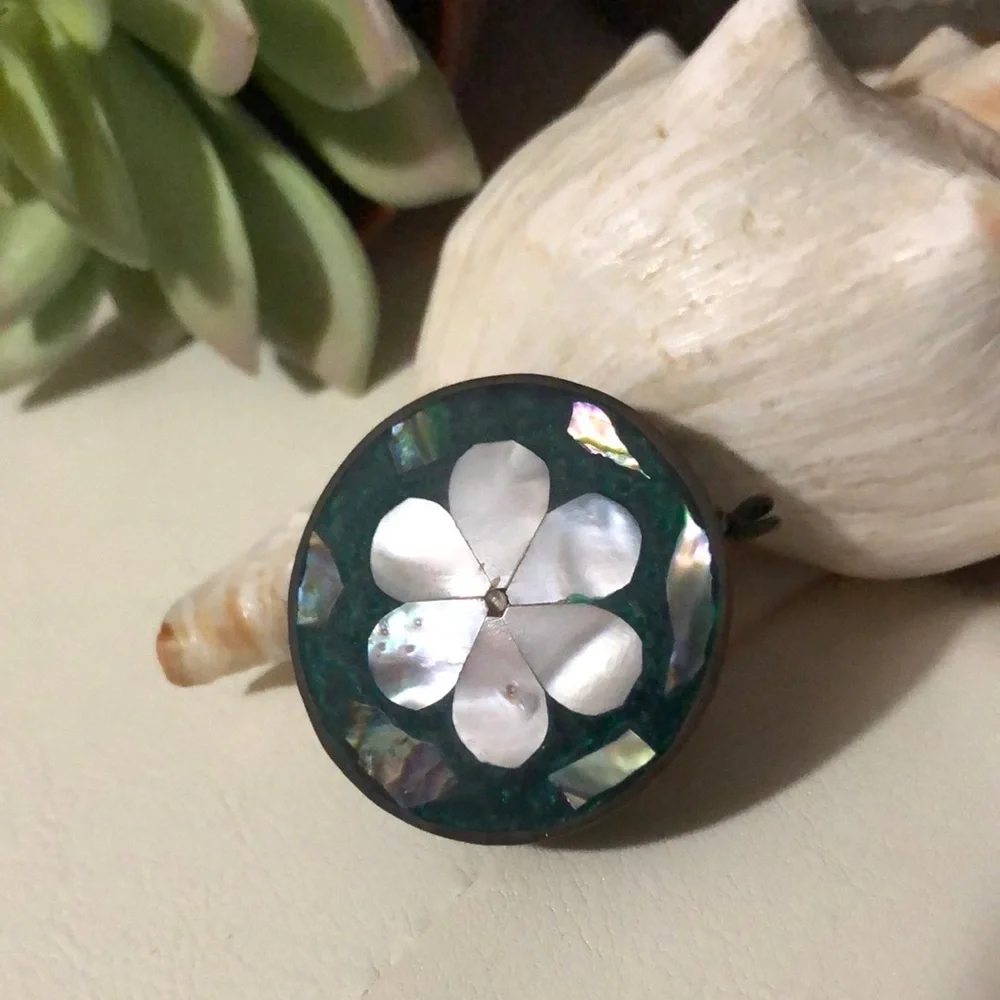 Handmade Vintage Mini Metal Tin-Abalone Inlay Cover Detail